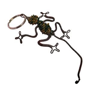 Beaded Gecko Lizard Keychain Ornament Handmade Green Yellow Metal